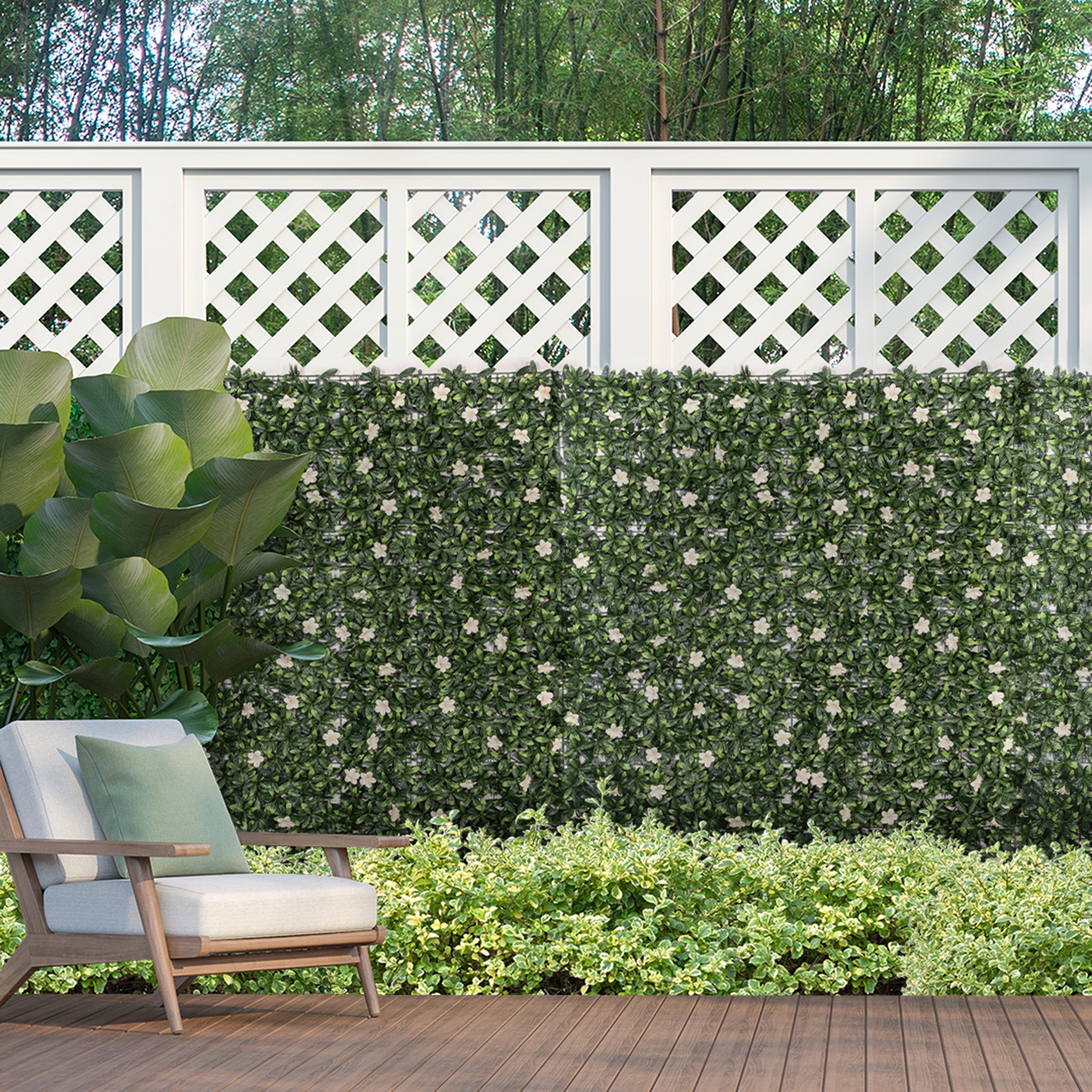 Outsunny 12pcs artificial boxwood wall panels 50cm x 50cm with green faux hedge and white flowers for privacy fence