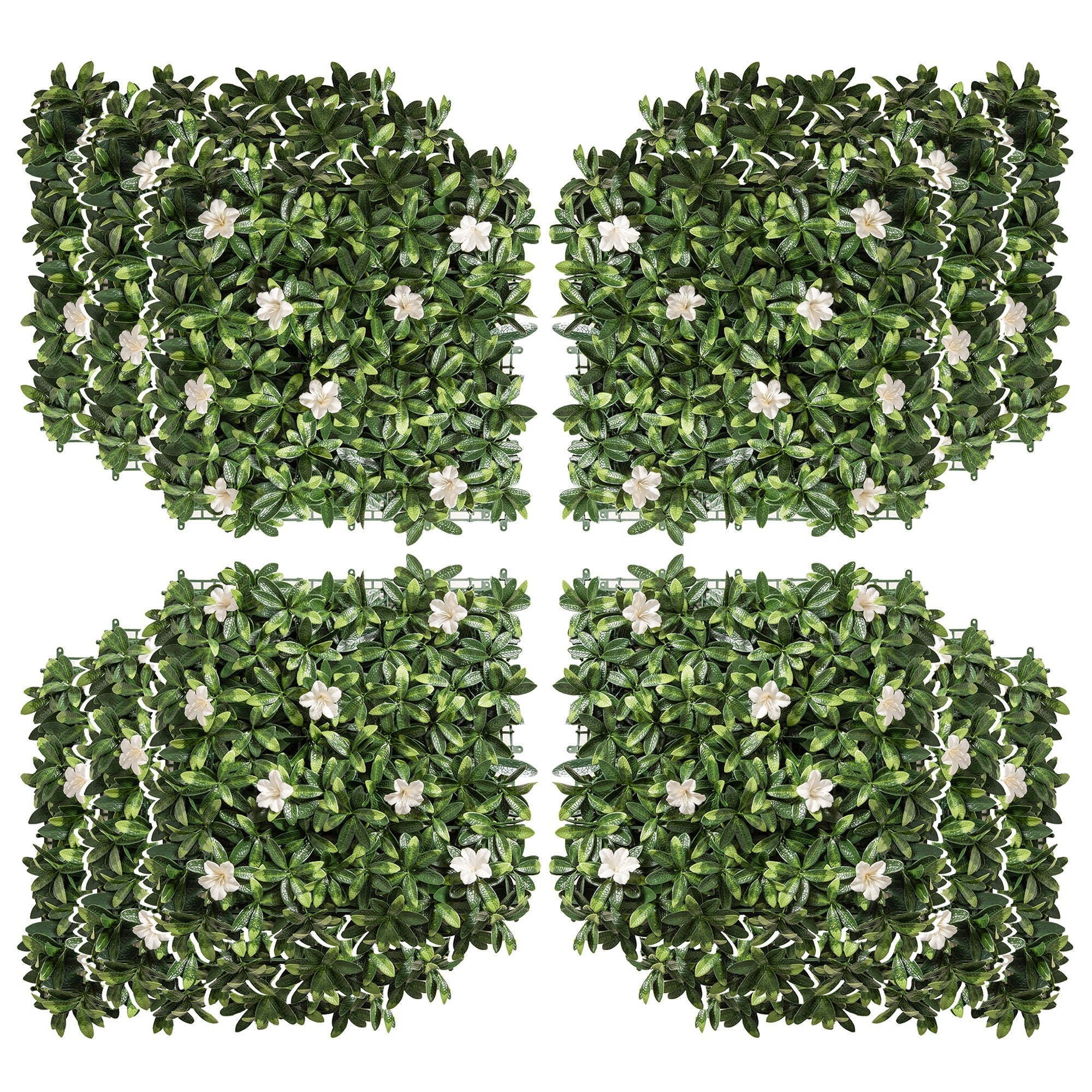 Outsunny 12pcs artificial boxwood wall panels 50cm x 50cm with green foliage and white flowers for home and garden decor