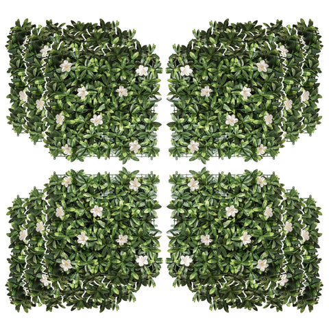 Outsunny 12pcs artificial boxwood wall panels 50cm x 50cm with green foliage and white flowers for home and garden decor