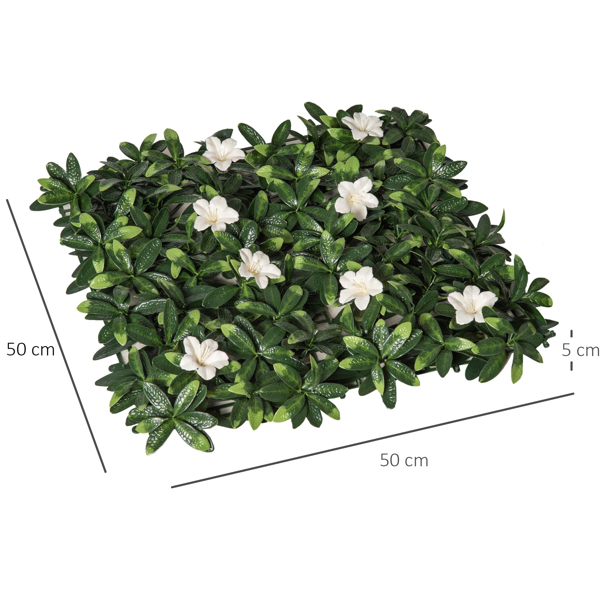Outsunny 12pcs artificial boxwood wall panel with dense green leaves and white flowers 50cm x 50cm for privacy fence