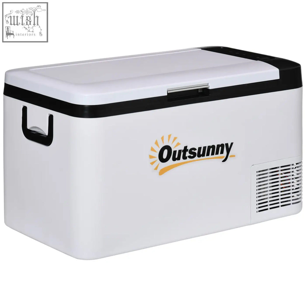 Outsunny white car refrigerator with black accents and foldable handles for portable ice cold cooling on the go