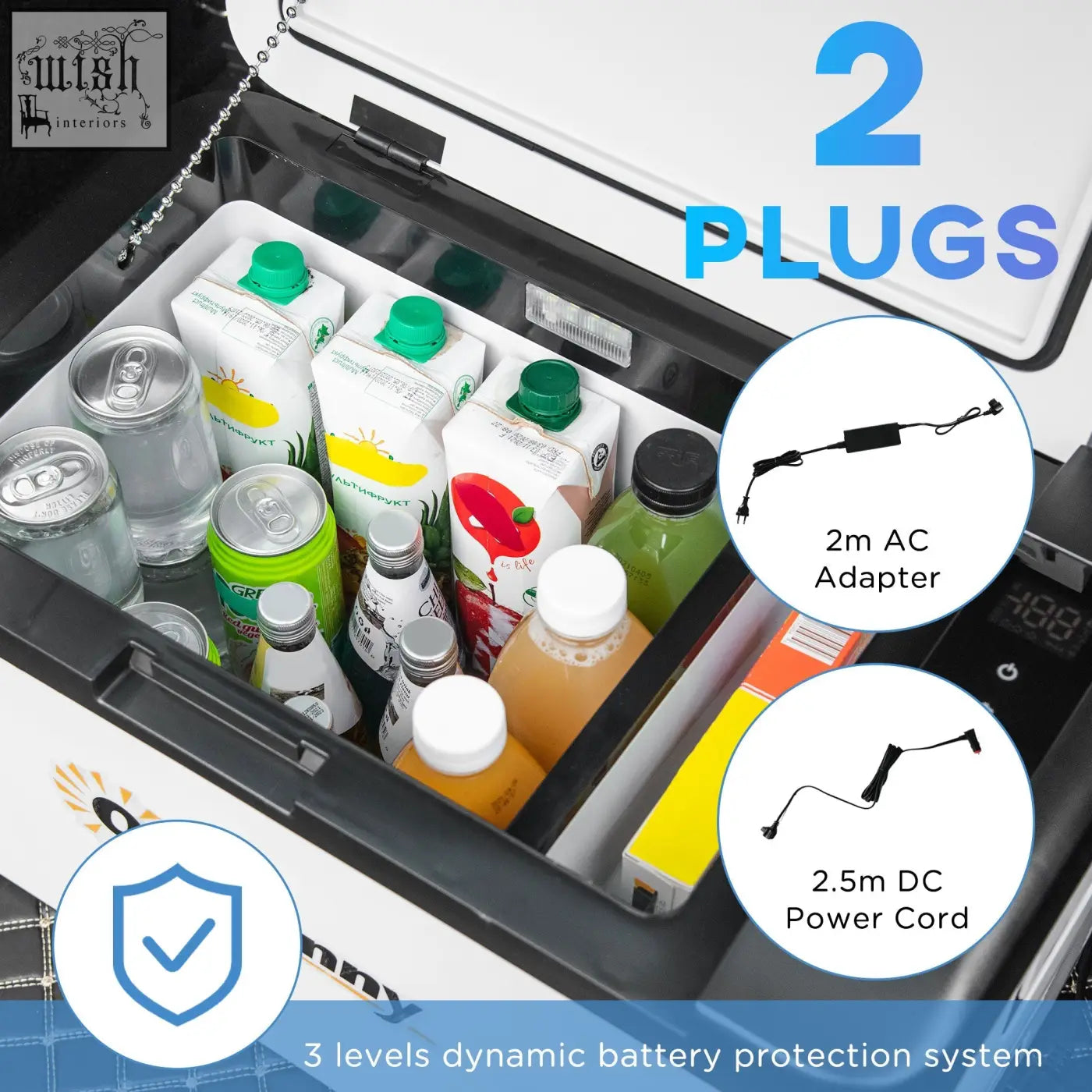 White and black outsunny 12v portable refrigerator with ice cold compressor cooling and foldable handles for travel use