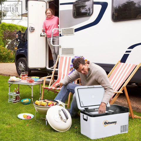 White outsunny portable refrigerator with black trim silver handle foldable handles 25l ice cold cooler for travel
