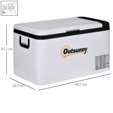 White and black outsunny 25l portable refrigerator with foldable handles and ventilation grille for ice cold storage in cars