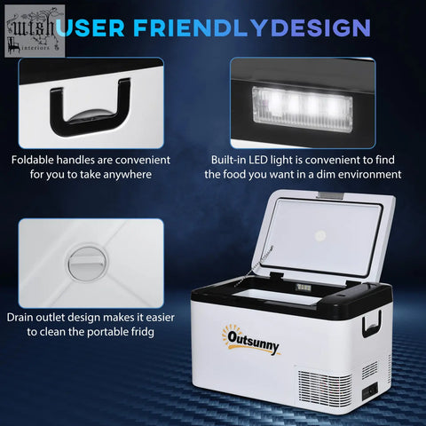 Outsunny 25l black and white portable refrigerator with ice cold compressor, foldable handles, led light, and drain outlet