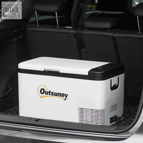 Outsunny portable refrigerator in white and black with foldable handles and vented sides for ice cold campervan travel