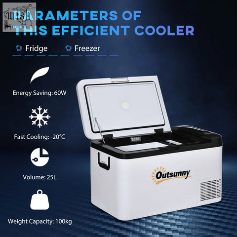 Outsunny portable refrigerator with foldable handles, hinged lid, vent grille at back in black and white for ice cold storage