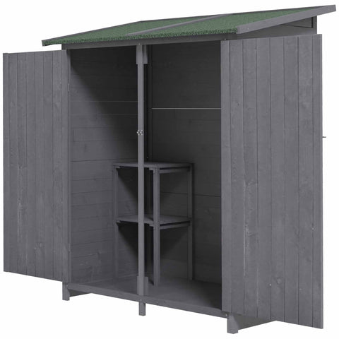 Outsunny gray fir wood garden storage shed with green asphalt roof and built-in shelving for organized garden storage