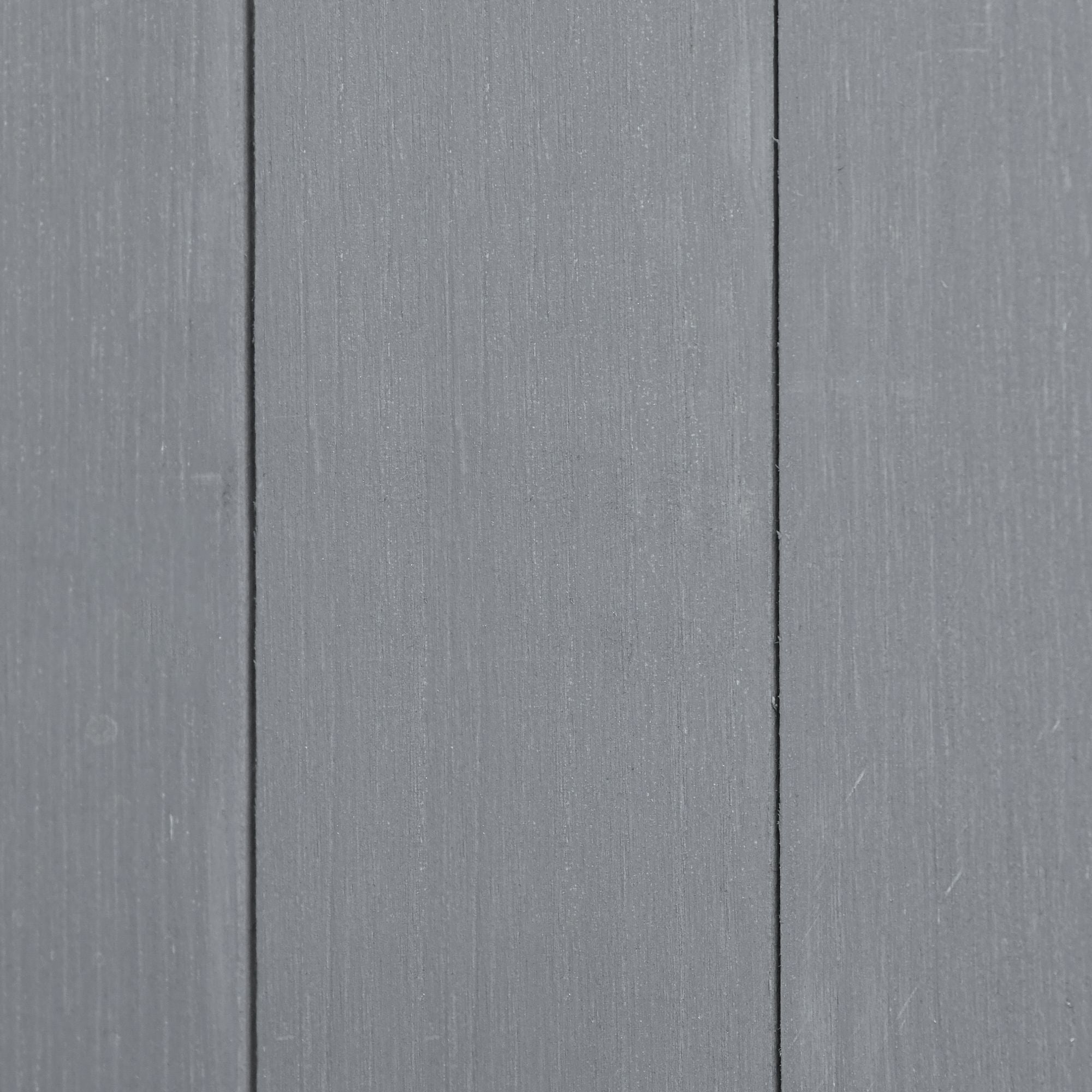 Gray painted fir wood planks with vertical grain on the back side of outsunny garden storage shed with asphalt roof