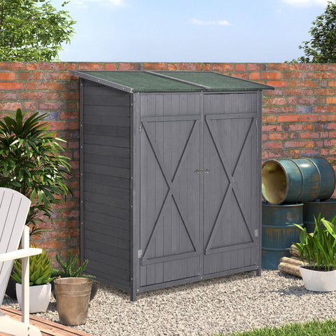 Gray fir wood Outsunny garden storage shed with double x-panel doors and green asphalt roof for outdoor storage