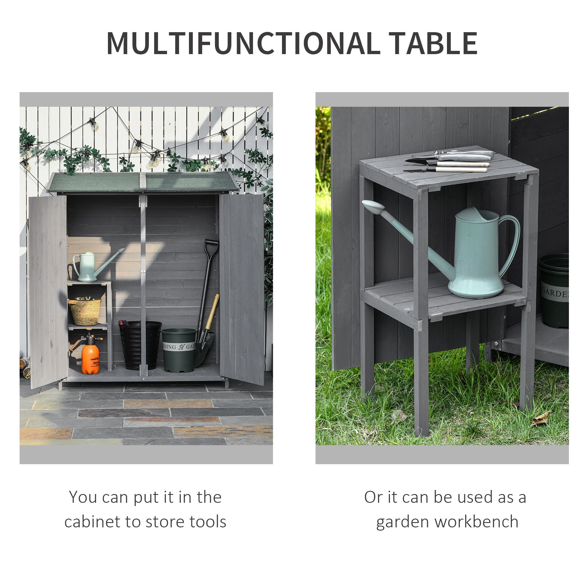 Gray outsunny fir wood garden storage table with slatted top and open shelves for outdoor use as storage shed or workbench