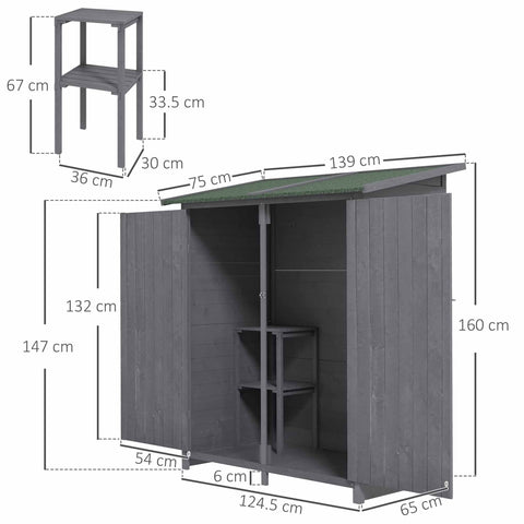 Gray fir wood storage shed with green asphalt roof and internal shelving for garden storage and storage table use