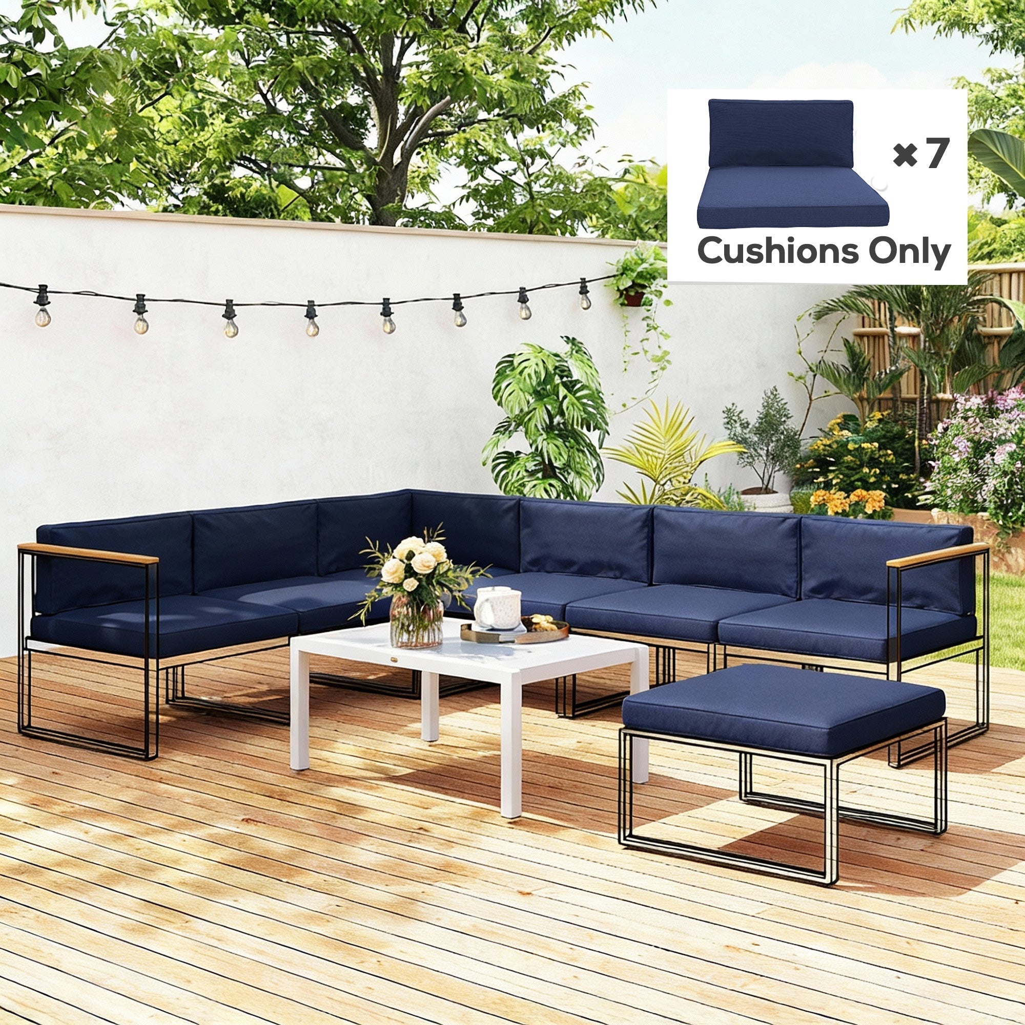 Navy blue outsunny outdoor sectional sofa with metal frame wooden accents and seven seat cushions for dining set