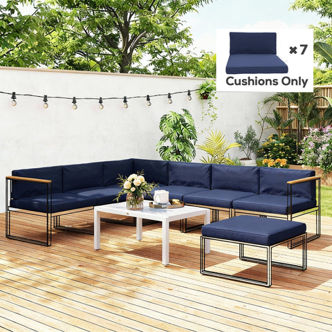 Navy blue outsunny outdoor sectional sofa with metal frame wooden accents and seven seat cushions for dining set