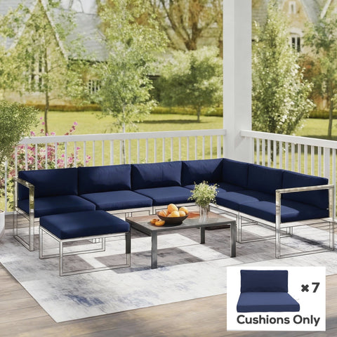 Navy blue outsunny 14-piece dining set cushions with seven seat cushions on outdoor sectional sofa and ottoman chrome frame