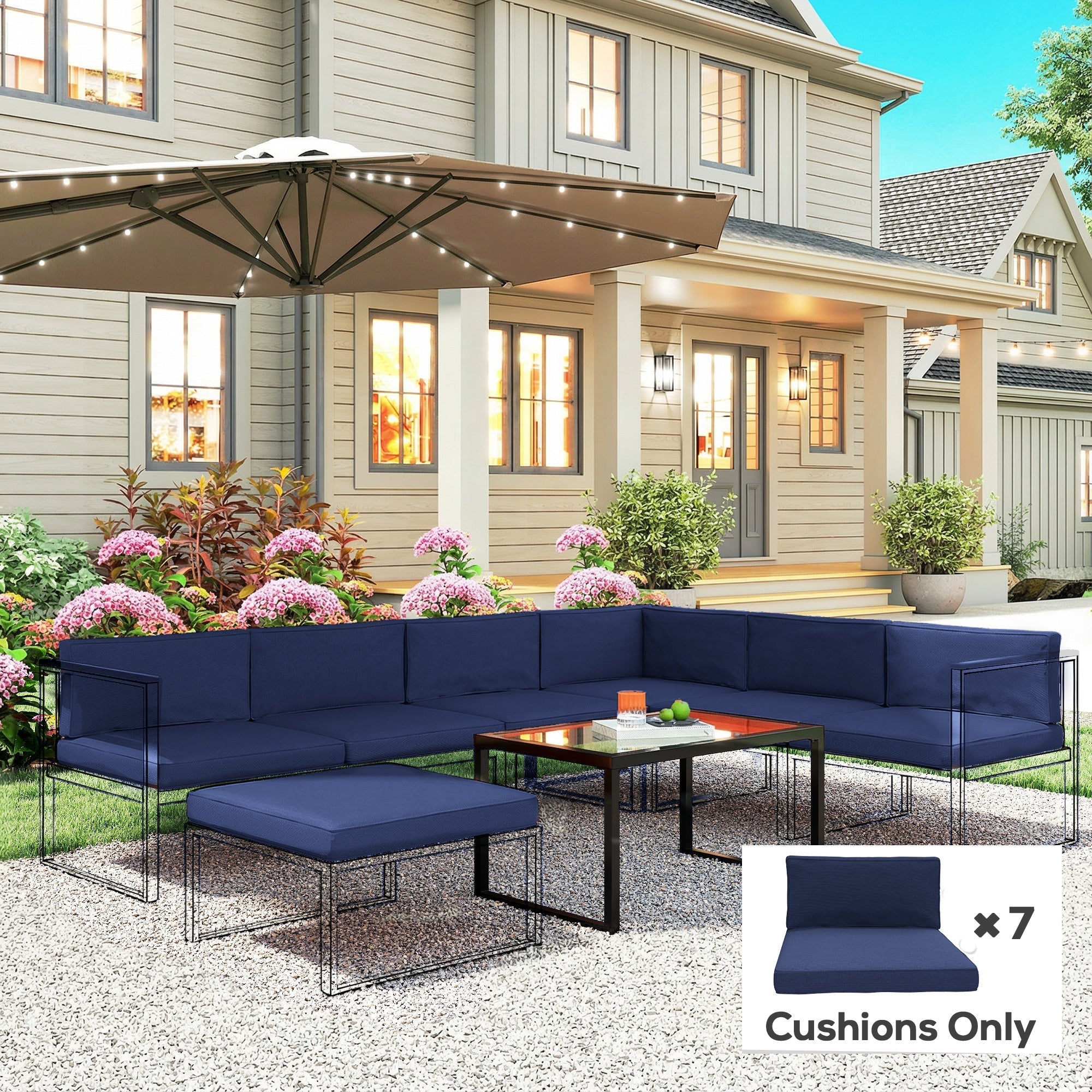 Navy blue outdoor sectional sofa set with black metal frame featuring seven seat cushions from outsunny 14-piece dining set