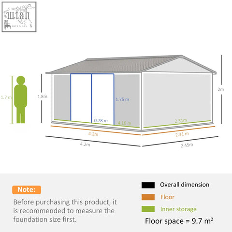 Gray metal outdoor garden storage shed with gabled roof and sliding glass door for tool storage and lawn use
