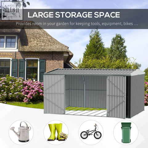 Gray metal outdoor garden storage shed with double lockable doors and slanted roof for tool storage and lawn use