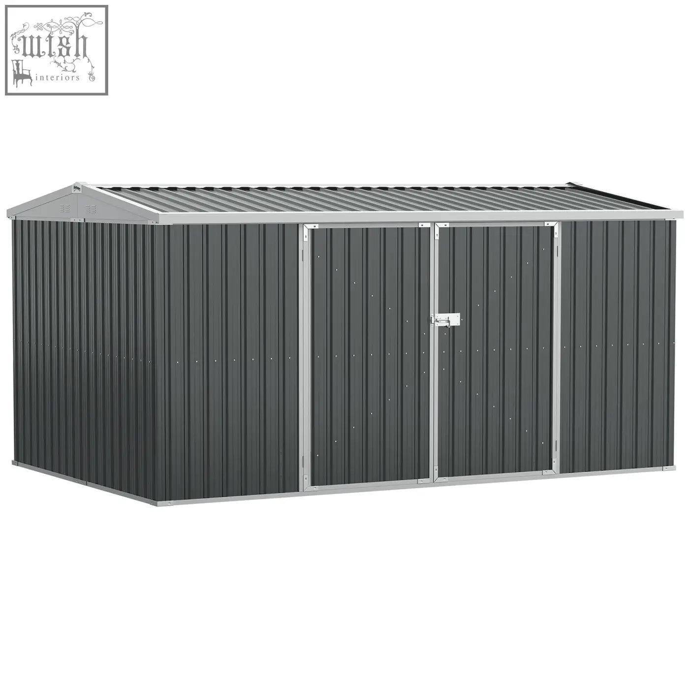 Dark gray corrugated metal outdoor garden storage shed with silver trim and lockable double doors for tool storage