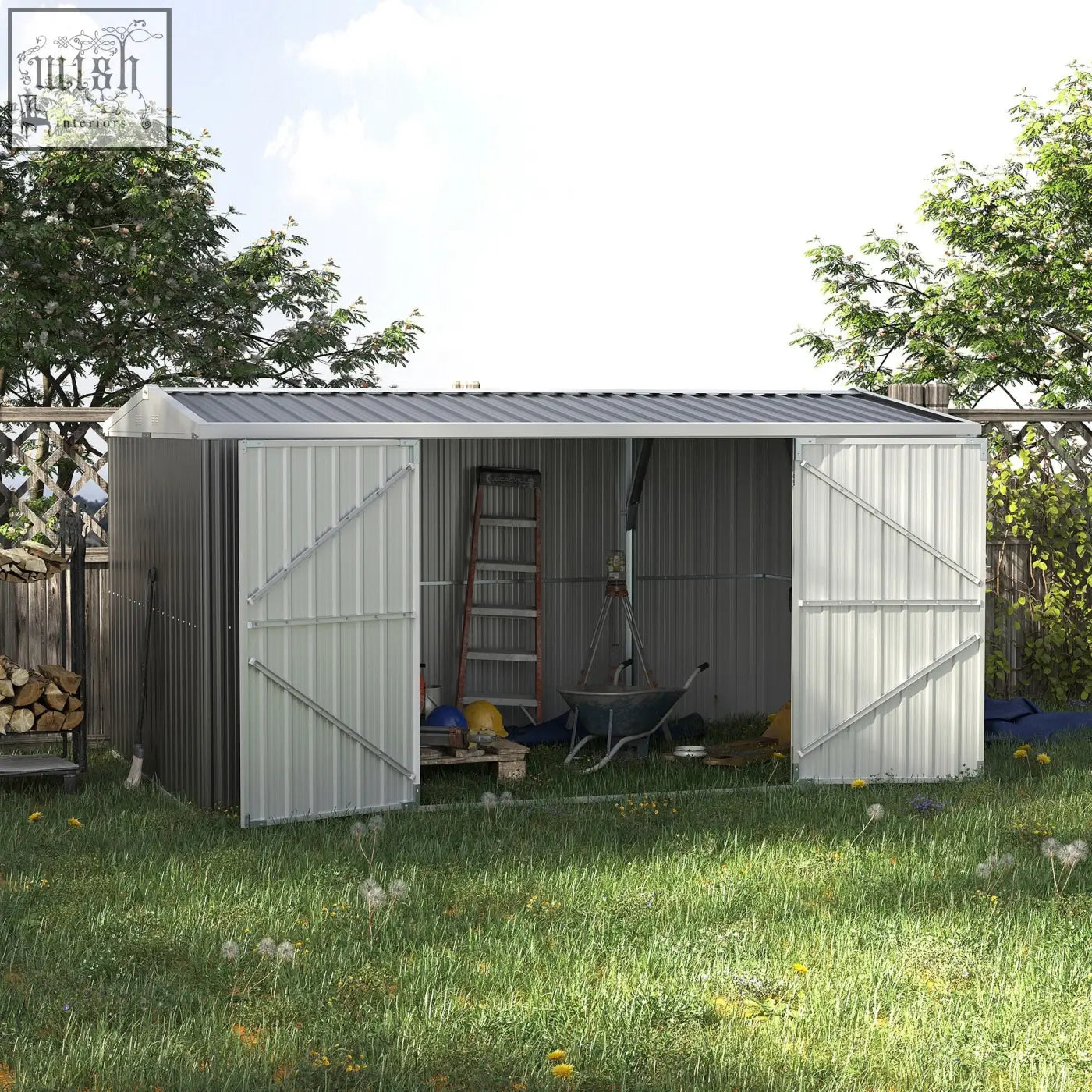Outsunny 14x8ft gray metal outdoor garden storage shed with white lockable doors and corrugated roof for tool storage