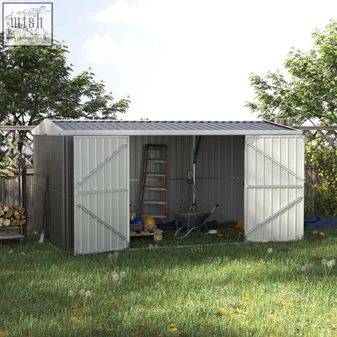 Outsunny 14x8ft gray metal outdoor garden storage shed with white lockable doors and corrugated roof for tool storage