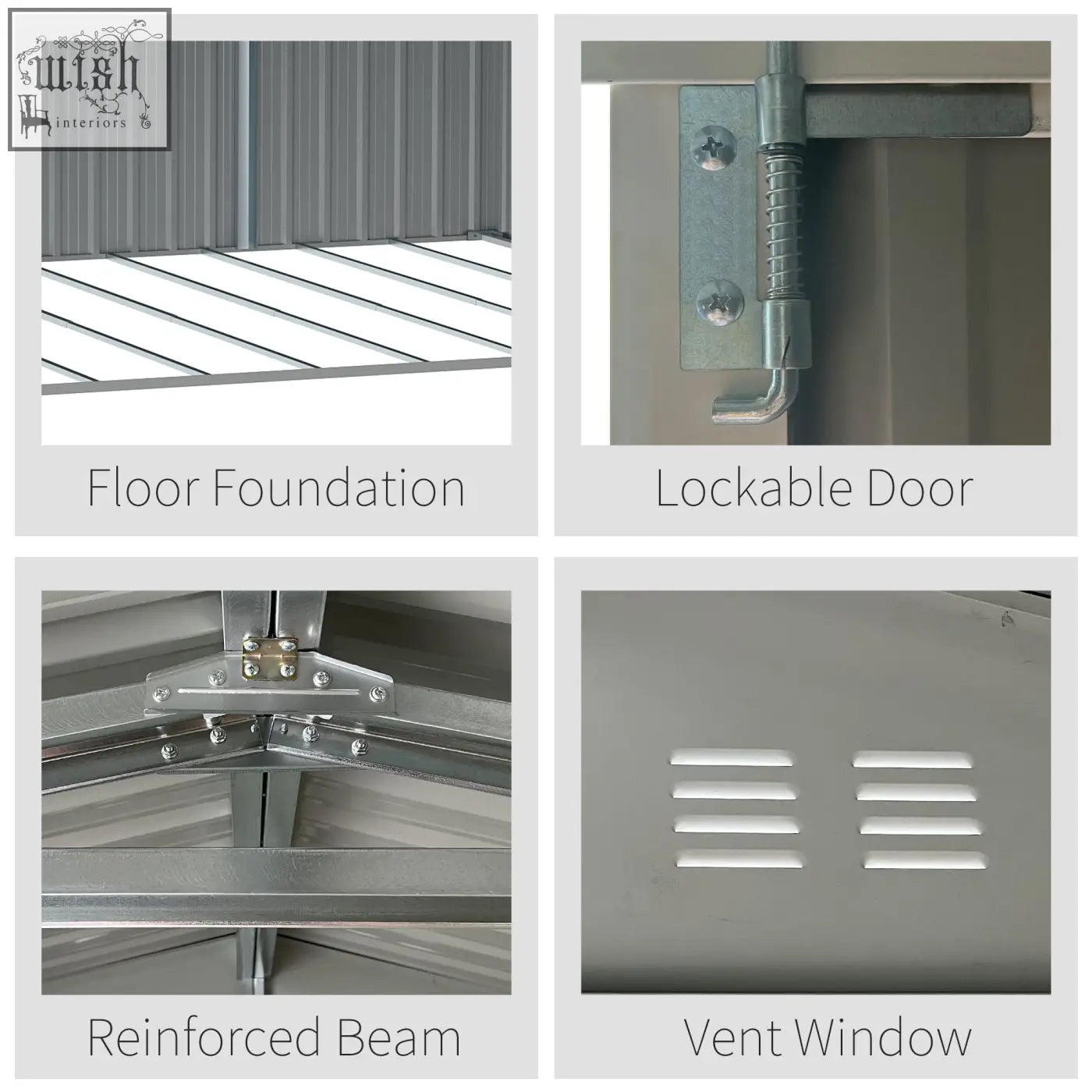 Gray metal storage shed with lockable door and vent window perfect for outdoor garden tool storage and patio use