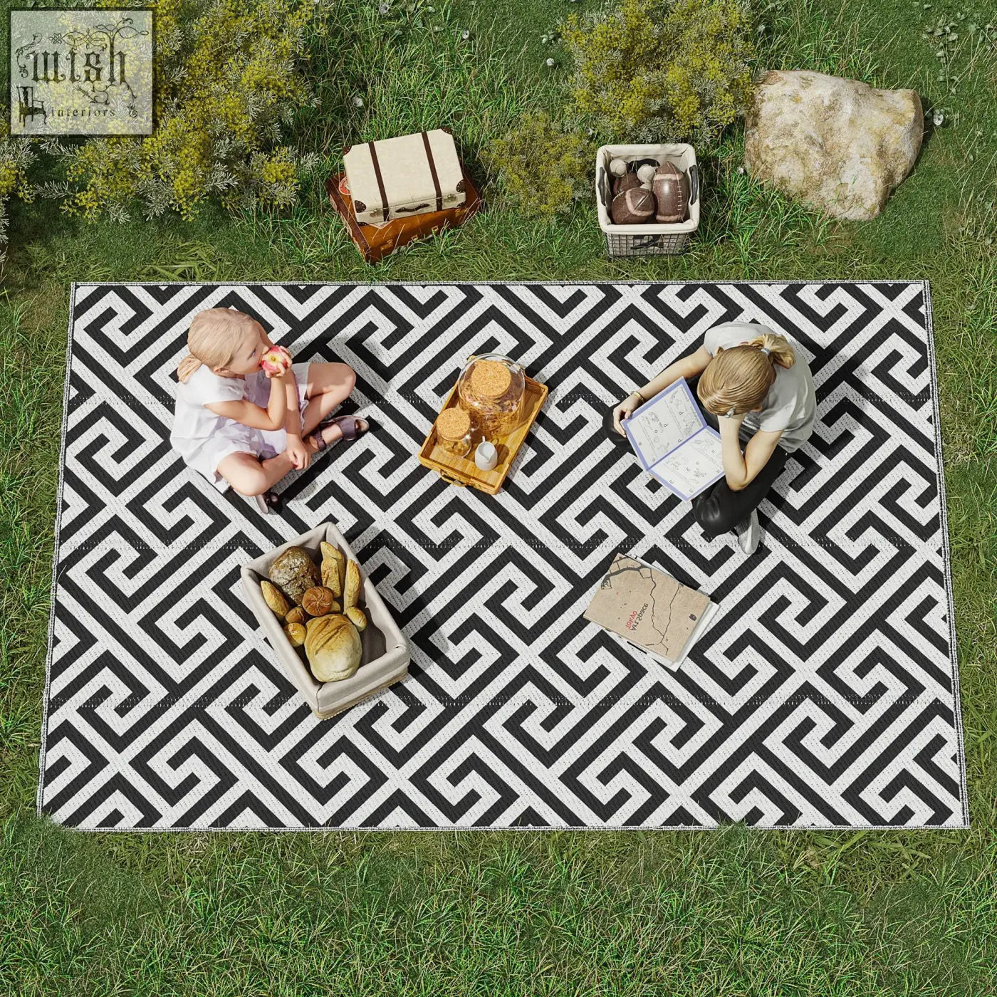 Black and white geometric outdoor rug made of plastic straw perfect for road tour garden deck or picnic use