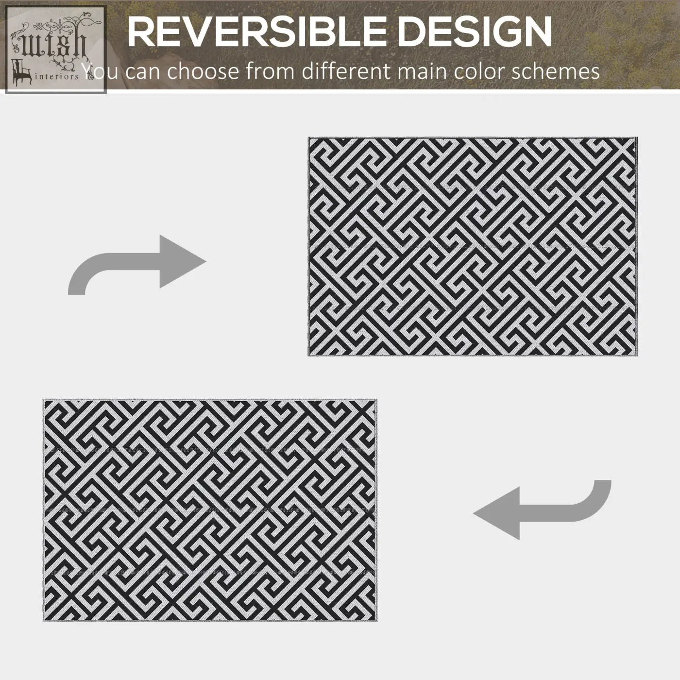 Out sunny black and white reversible geometric outdoor rug made of plastic straw for road tour and camping use