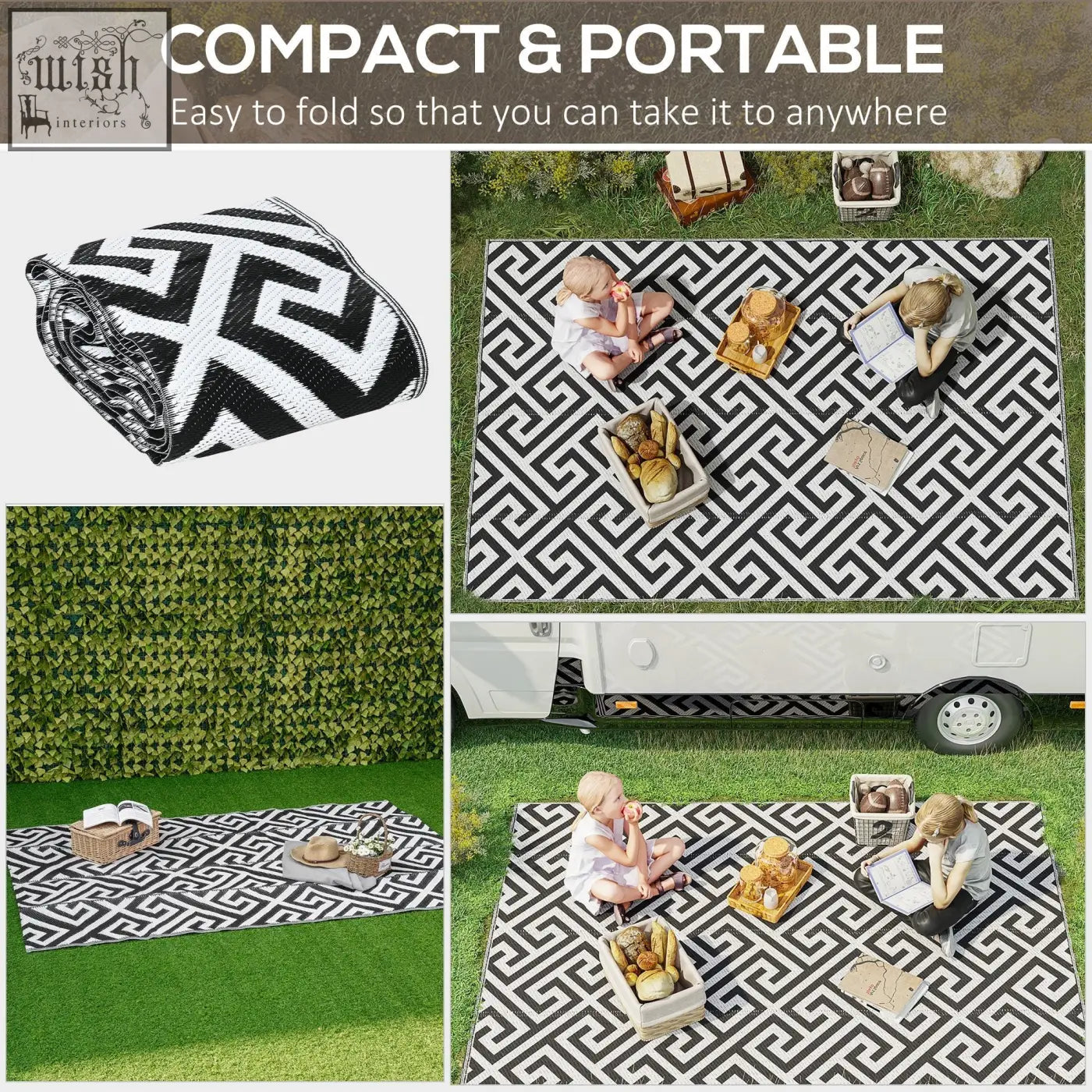 Outsunny black and white geometric plastic straw outdoor rug perfect for road tour camping picnic or garden use
