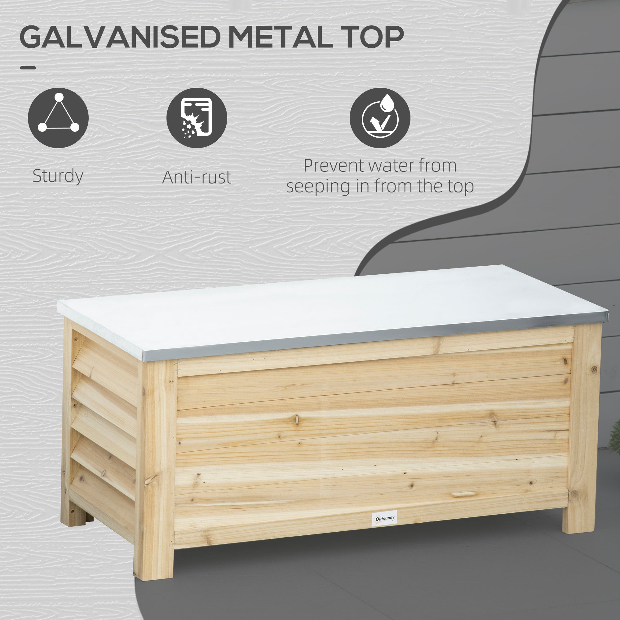 Outsunny 155l outdoor storage box with light wooden body and galvanised metal top for garden and terrace use