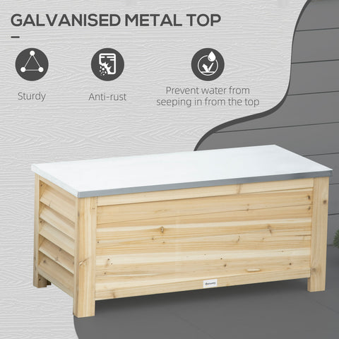 Outsunny 155l outdoor storage box with light wooden body and galvanised metal top for garden and terrace use