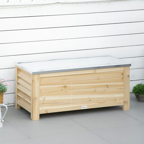 Light wooden outdoor storage box with white marble-effect galvanised metal top for garden and terrace use