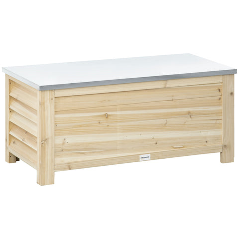 Outsunny 155l outdoor storage box with light wood body and white gray galvanised metal top for garden or terrace use