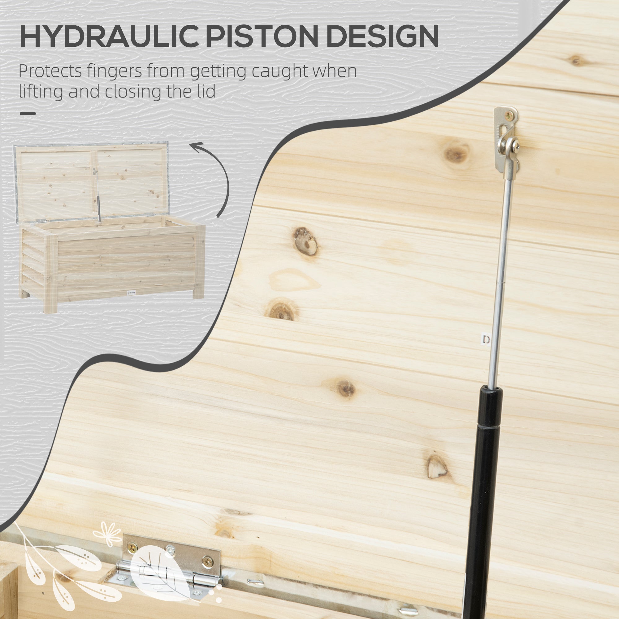 Light-colored wooden outdoor storage box with galvanised metal top and hydraulic piston lid for smooth operation