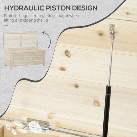 Light-colored wooden outdoor storage box with galvanised metal top and hydraulic piston lid for smooth operation
