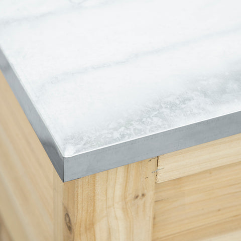 Outsunny 155l outdoor storage box with galvanized metal top and wooden shutter walls on sleek white marble countertop