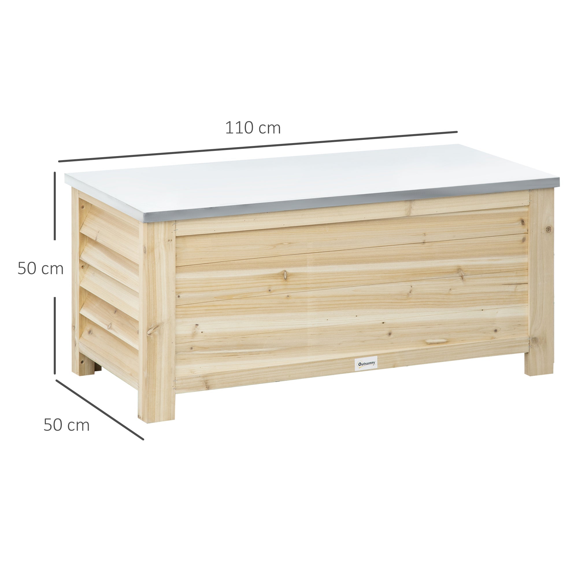 Light-colored wooden outdoor storage box with white and gray galvanised metal top for garden and terrace use