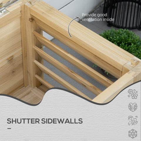 Light-colored wooden outdoor storage box with galvanised metal top and shutter walls for garden or terrace use