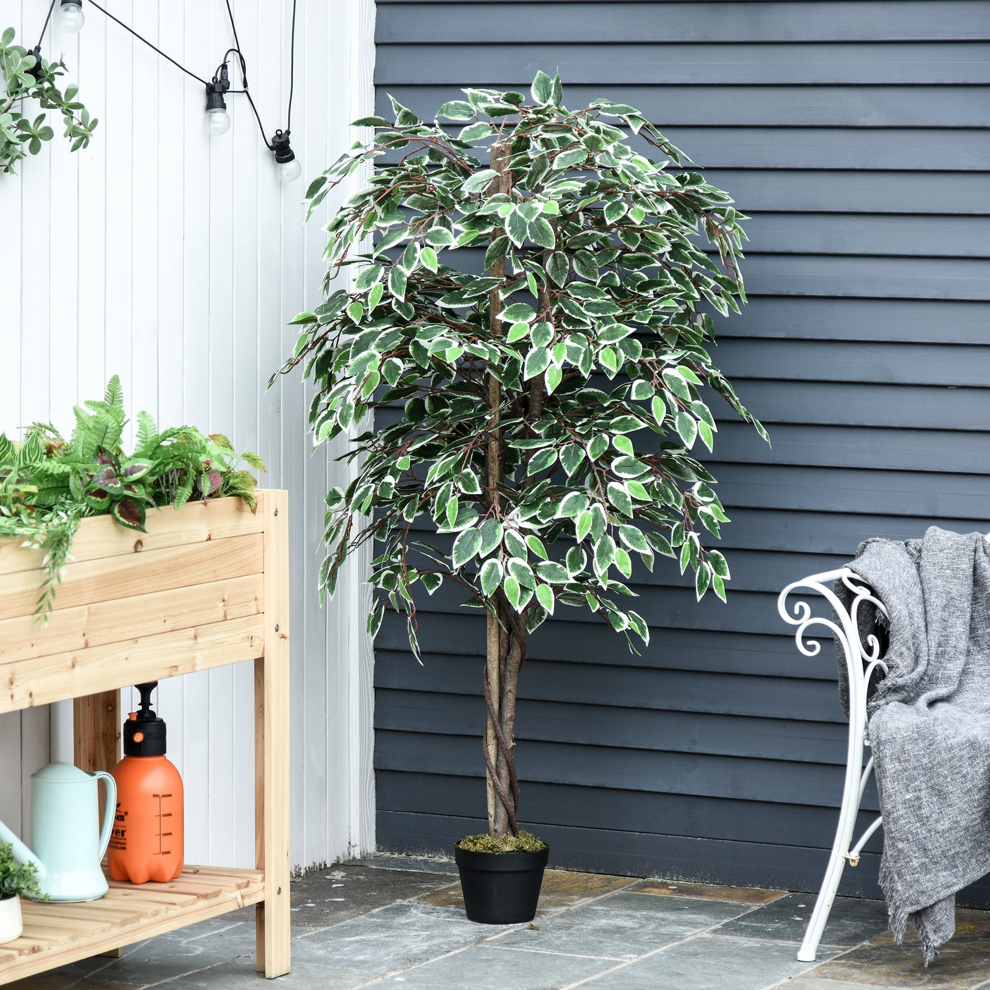 Outsunny 160cm artificial ficus tree with variegated leaves in black cement-filled pot for indoor outdoor plant design