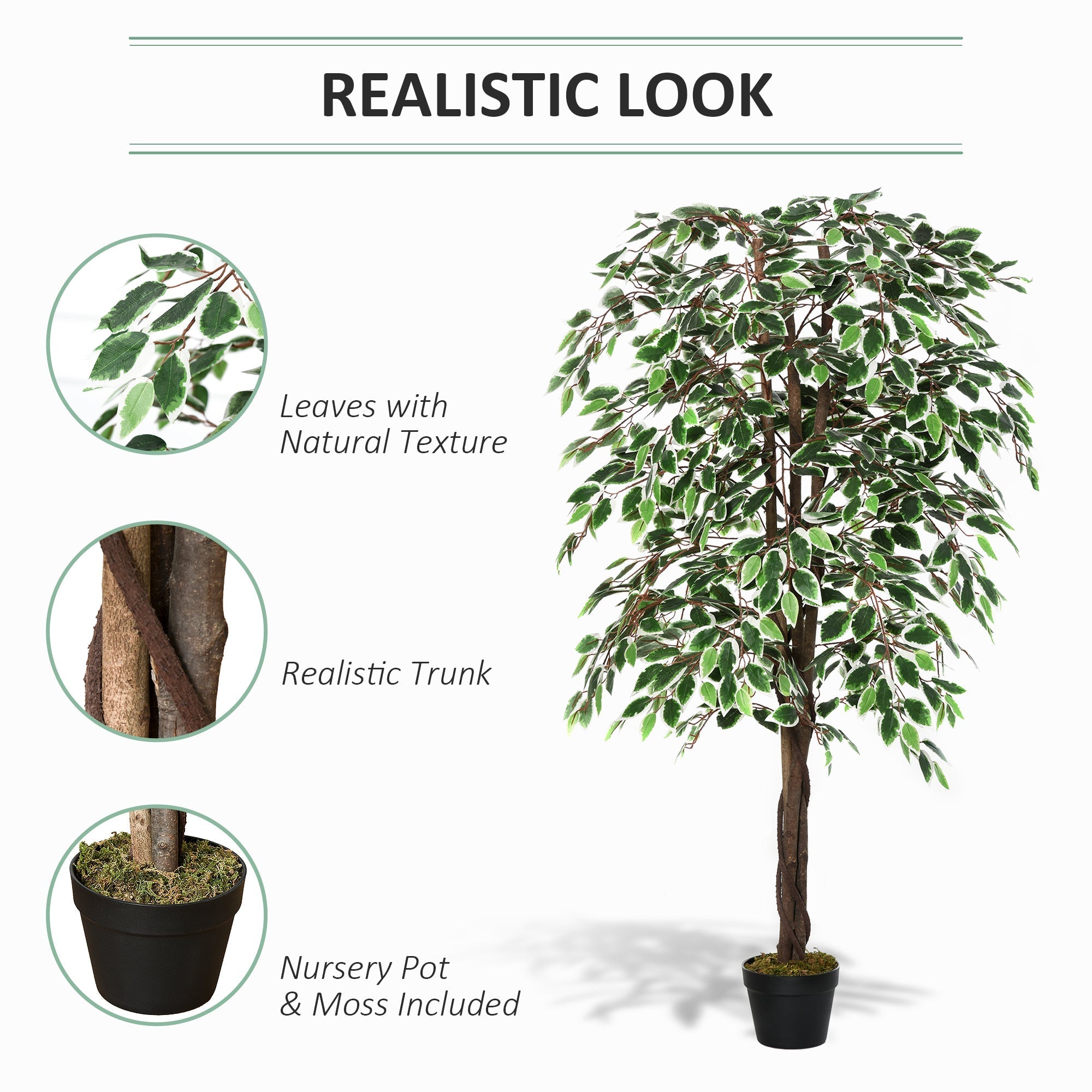 Realistic artificial ficus tree with green white variegated leaves brown trunk in cement-filled black nursery pot for decor