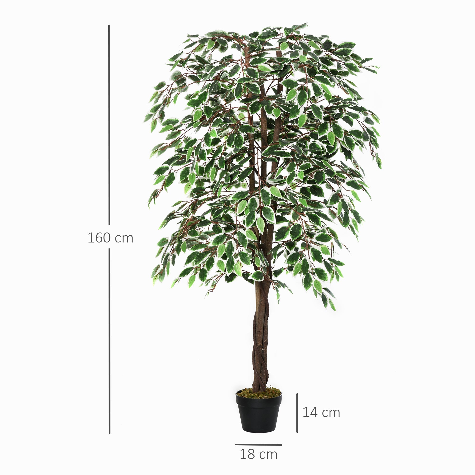 Outsunny 160cm artificial ficus with white variegated leaves in black cement-filled pot for indoor outdoor plant design