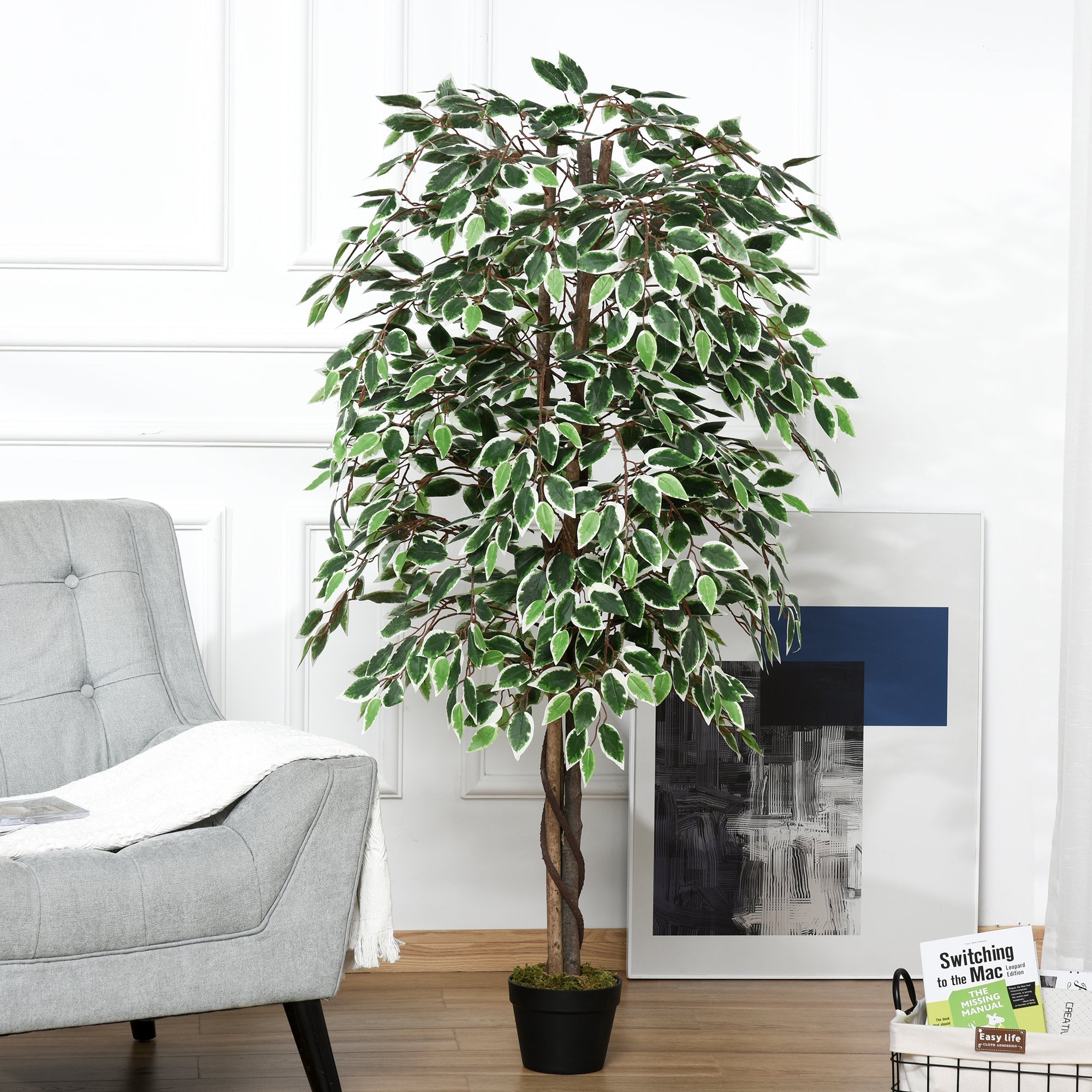Outsunny 160cm artificial ficus tree with variegated leaves and twisted trunk in black cement-filled pot for indoor outdoor decor