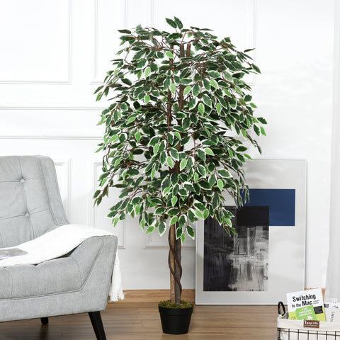 Outsunny 160cm artificial ficus tree with variegated leaves and twisted trunk in black cement-filled pot for indoor outdoor decor
