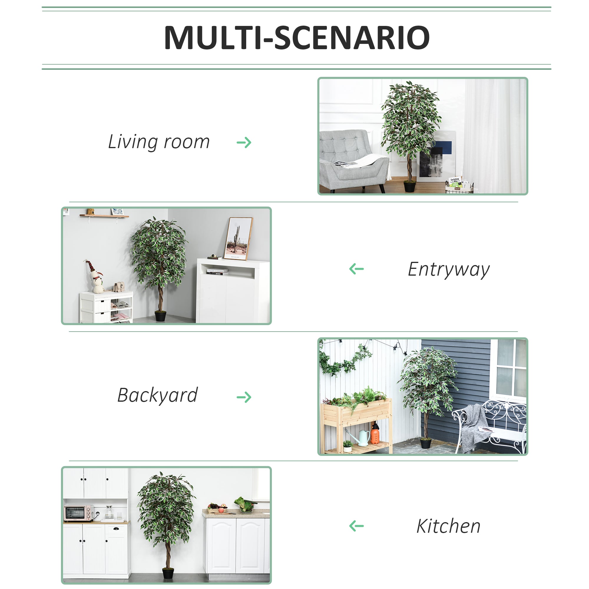 Tall green artificial ficus tree with leafy plant design in a sturdy cement-filled black nursery pot for indoor outdoor use