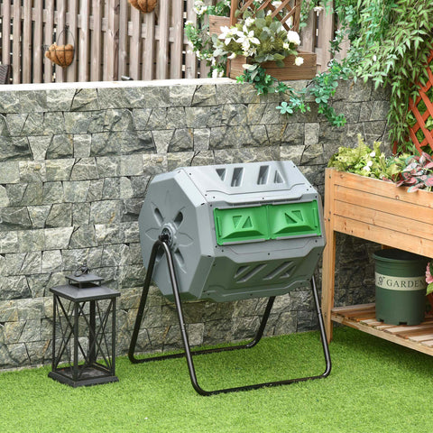 Gray and green plastic compost bin with two chambers on a black metal stand for easy rotating composting