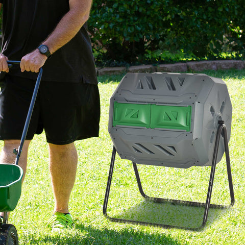 Gray and green plastic compost bin with two chambers on a black metal stand for easy 360° composting