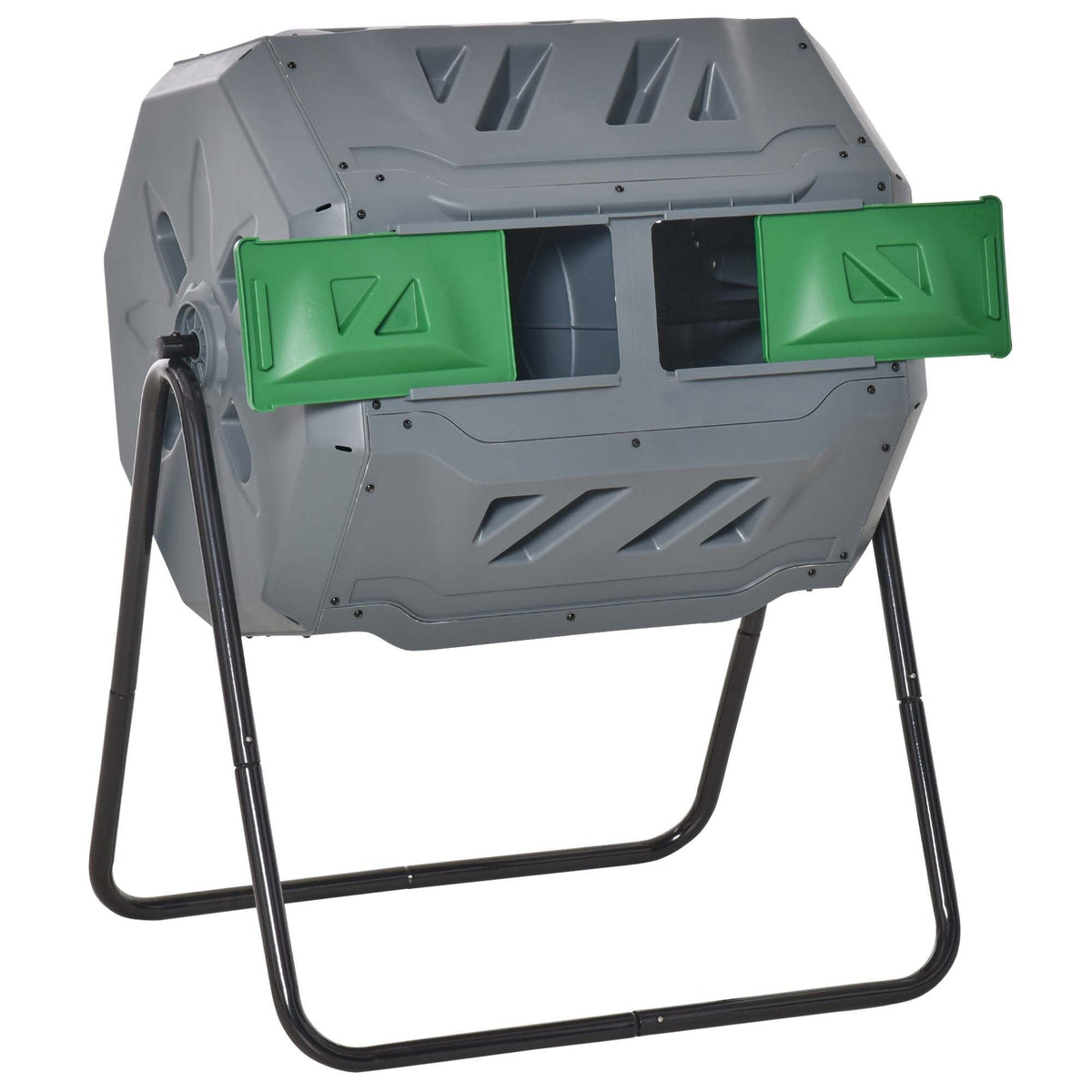 Outsunny 160l grey compost bin with two chambers and black metal stand for easy 360° rotating composting