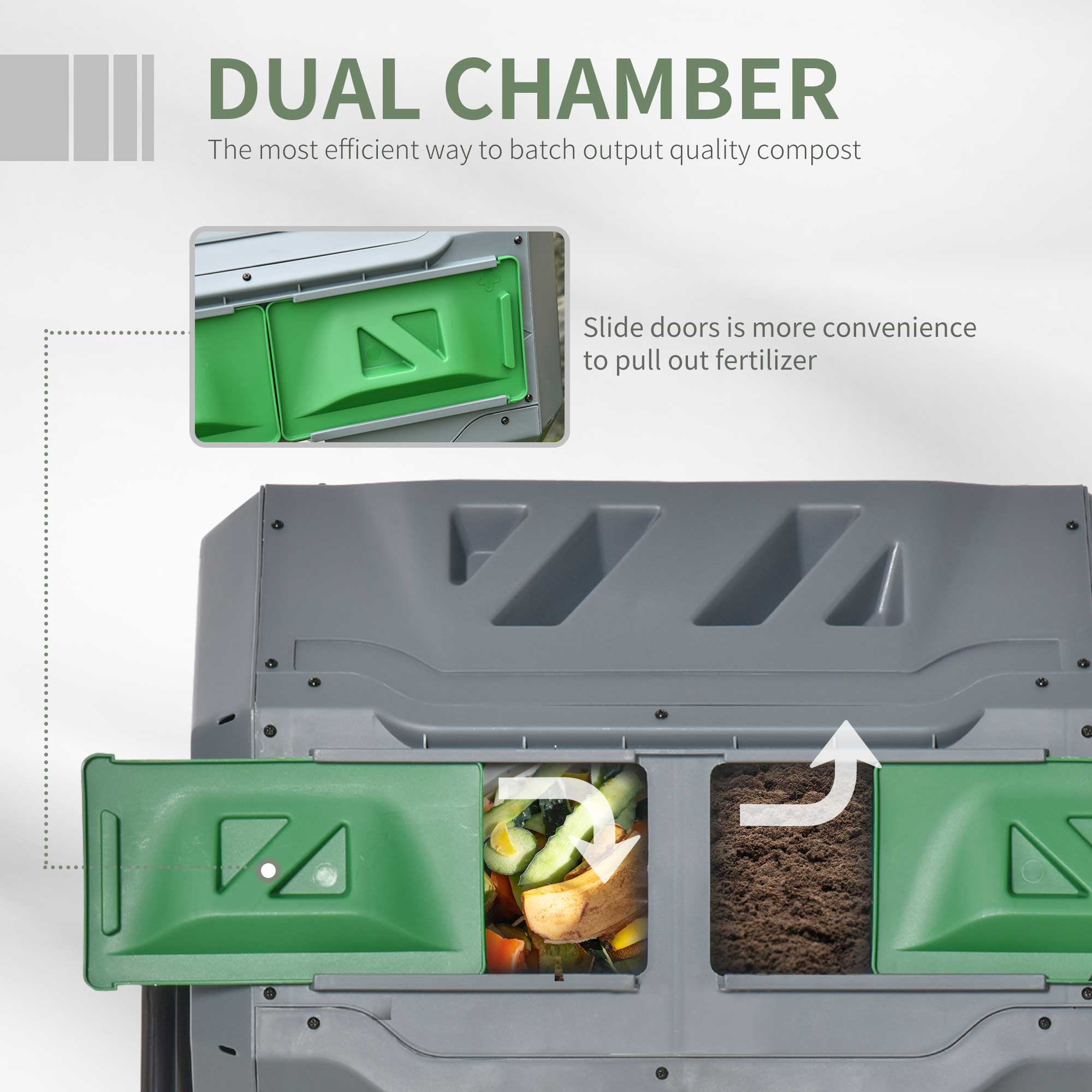 Outsunny 160l grey compost bin with two chambers and slide doors for easy fertilizer removal and 360° rotation