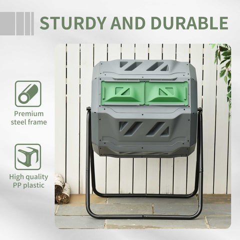 Gray and green compost bin with two chambers made of high-quality pp plastic and sturdy steel frame by Outsunny