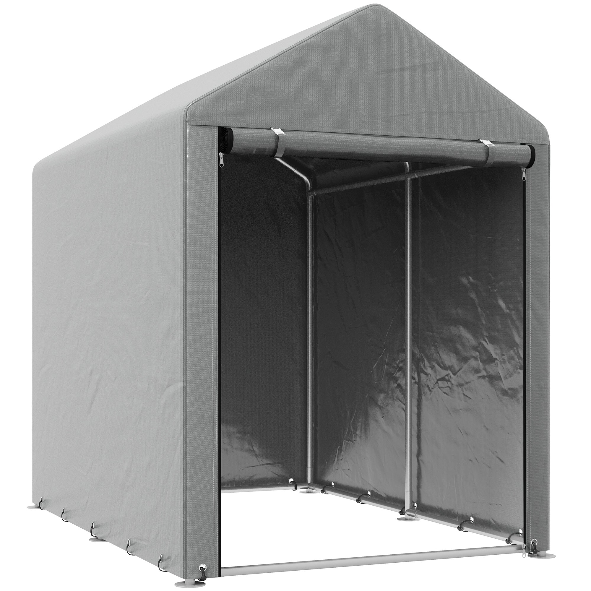 Gray fabric temporary garden shed with galvanised steel frame and roll-up door for outdoor storage